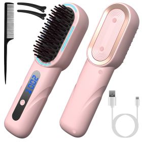 Cordless Hair Straightener Brush Rechargeable Mini Styling Comb with 4 Heating Levels Blue Light Sterilization Single press Stray Hair Removal 20Mins (Option: pink)