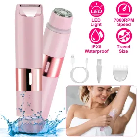2 In 1 Bikini Trimmer For Women Dual Head Cordless Body Shaver IPX5 Waterproof Rechargeable Pubic Hair Razor Wet And Dry Use For Bikini Underarm (Color: Pink)